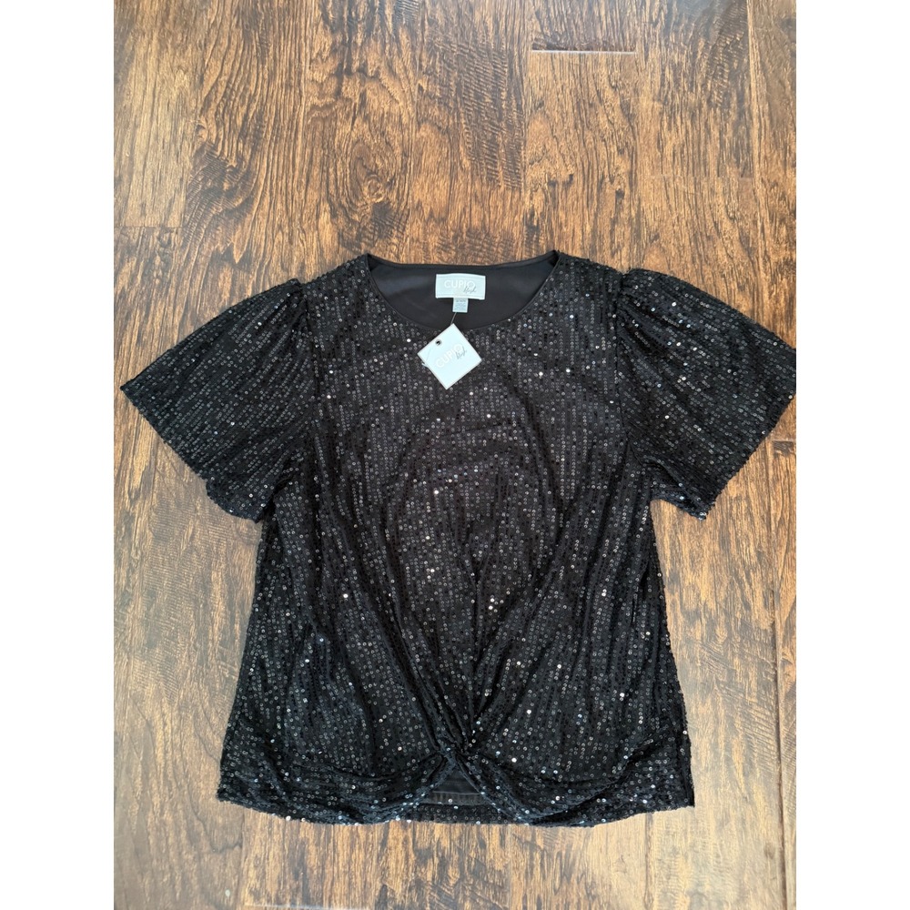 Cupio Blush Womens Black Sequin Twist Front Puff Sleeve Blouse Top Size M NWT